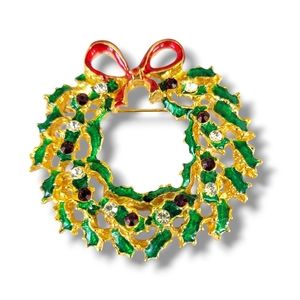Christmas Wreath Brooch Gold Tone Holiday Festive Green Holly Chrystals Enamel